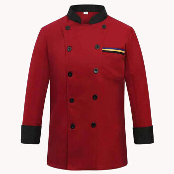 定制防污立领厨师服红色主色双排黑色纽扣蓝黄撞色装饰条吸湿透气棉工装主图展示
